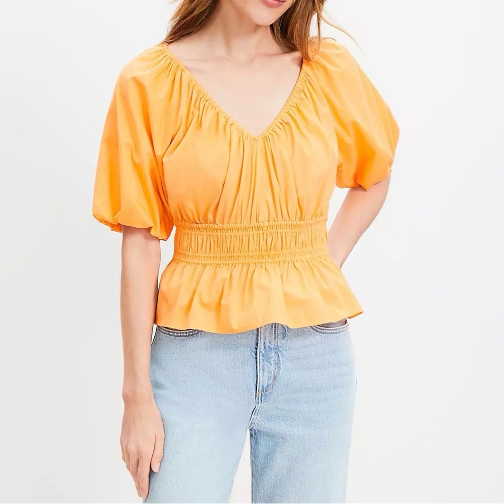 LOFT Orange Smocked Waist V-Neck Peplum Blouse